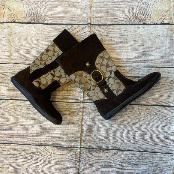 Coach Brown suede & see pattern flat calf boots has a buckle on the sides SZ 6 - Picture 2 of 6
